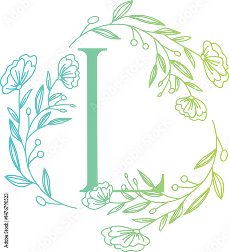 Floral Monogram Letter L in Green Blue Gradient