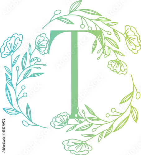Floral Monogram Letter T in Green Blue Gradient