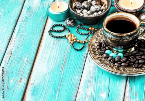 Still life featuring a cup of coffee, candles, beads, and stones on a teal wooden surface.  Coffee beans, teal colored beads, and dark brown stones adorn the scene