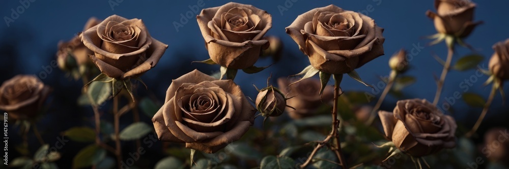 Brown Roses in Garden with Dusk Sky