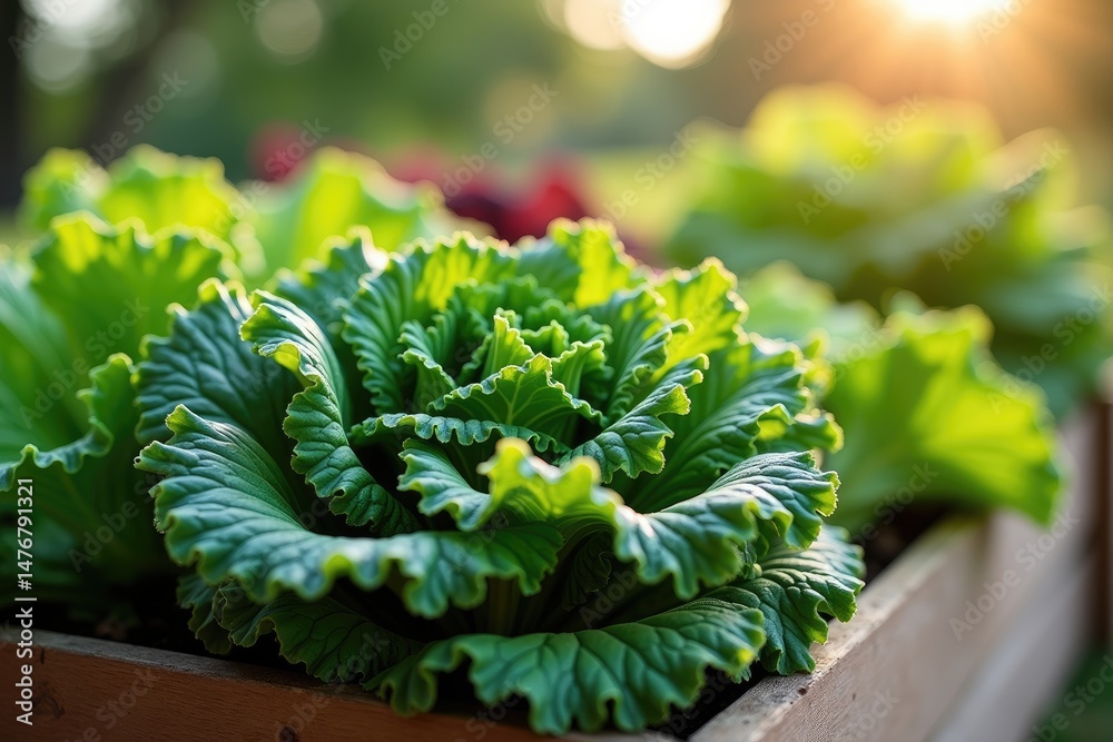 Close-Up of Fresh Kale and Lettuce Growing in Wooden Planter