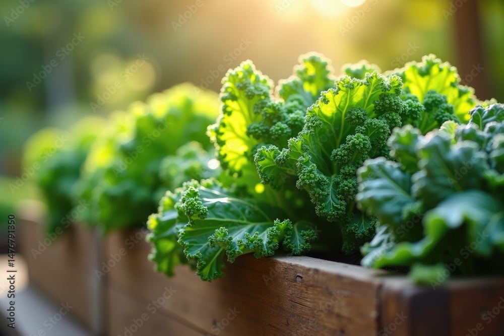 Fresh Kale and Lettuce Growing in Wooden Planter Box