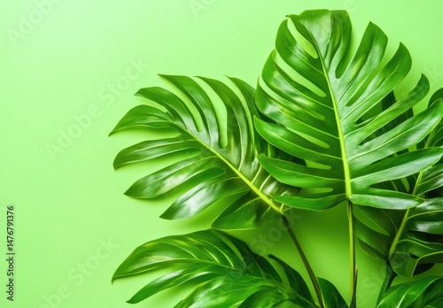 Vibrant green leaves against a light lime background. Lush, healthy foliage with prominent veins