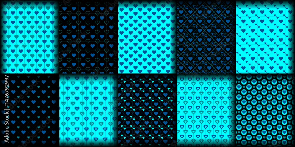 Seamless Heart Grid Pattern set | Background – Romantic Love Design for Valentine’s Day, Wedding, Anniversary, Cards, Fabric, Wallpaper, Greeting, Cover with cyan-black color with double heart shape Seamless Heart Grid Pattern set | Background – Romantic Love Design for Valentine’s Day, Wedding, Anniversary, Cards, Fabric, Wallpaper, Greeting, Cover with cyan-black color with double heart shape