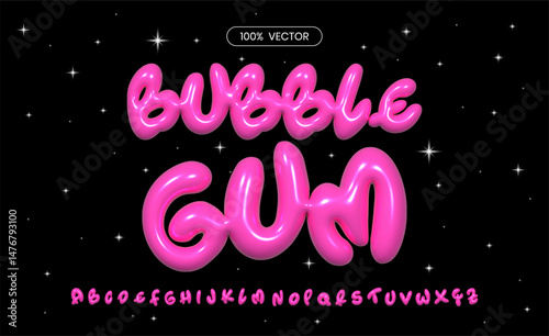 Glossy playful bubble 3D pink font in Y2K style. Inflated 3D bubble alphabet. Trendy English type. Realistic vector illustration