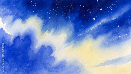 Watercolor painting of a starry night sky and clouds.