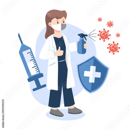Female healthcare worker using sanitizer, with vaccine syringe and protective shield against viruses.