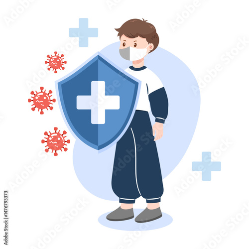 Boy with mask protected by shield from virus. Concept of health, immunity, and disease prevention.