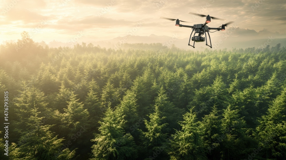 Fototapeta premium Drone flying high above a dense forest at sunrise.