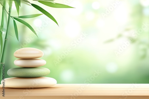 Stacked stones on a wooden surface, with bamboo leaves in the background. A serene and peaceful scene