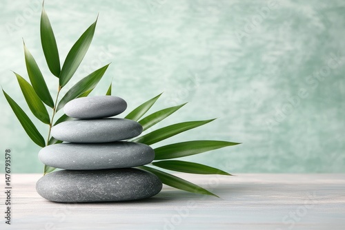 Grey stones balanced atop each other, supported by a green leafed branch.  Peaceful zen scene on a light colored surface