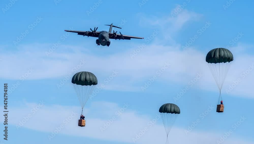 Un avión de carga militar lanza ayuda humanitaria desde el cielo. La ayuda cae sobre palés con paracaídas de color gris militar.