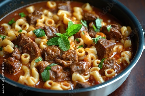 Hearty beef and pasta stew in a pan, topped with fresh herbs