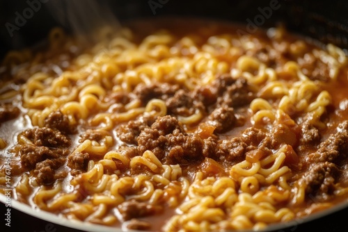 Spicy instant noodles with ground beef in a pan