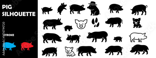 Pig Silhouettes in Various Poses – Farm Animal Vector Set for Agriculture and Design Use