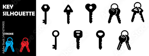 Key Silhouettes in Various Angles – Security, Lock, and Access Icon Vector Set