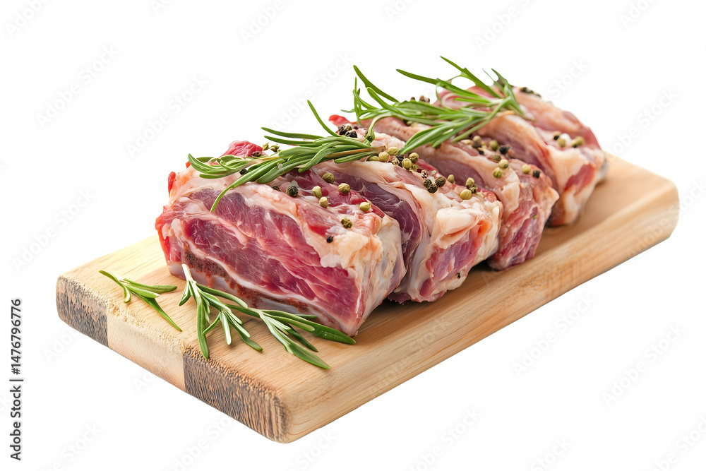 Fototapeta premium raw meat roll stuffed with herbs and spices on wooden board isolated png transparent cutout