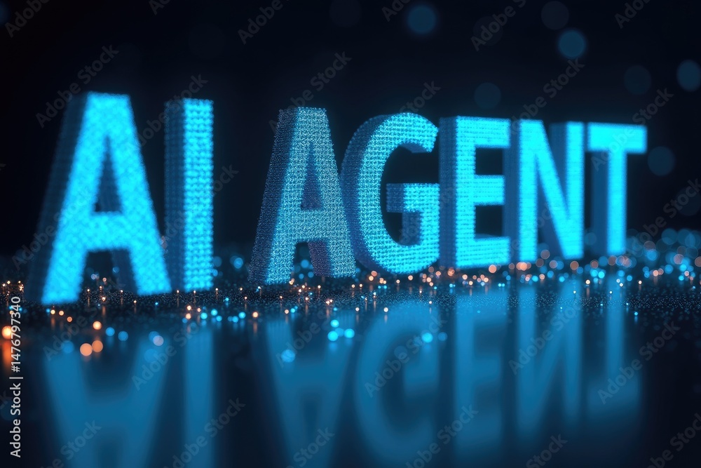 Glowing AI AGENT Text in Digital Particles and Data Streams