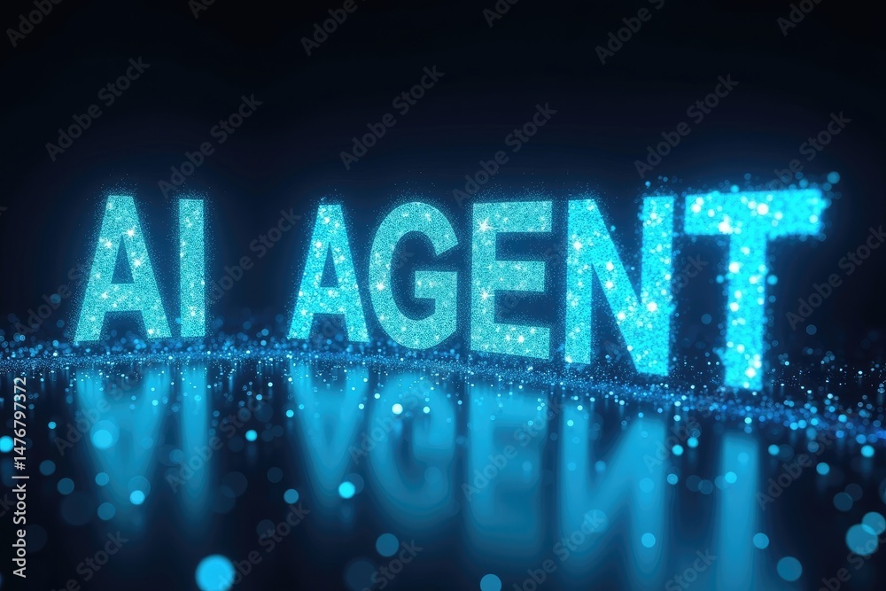 AI AGENT Text with Glowing Particles and Data Streams