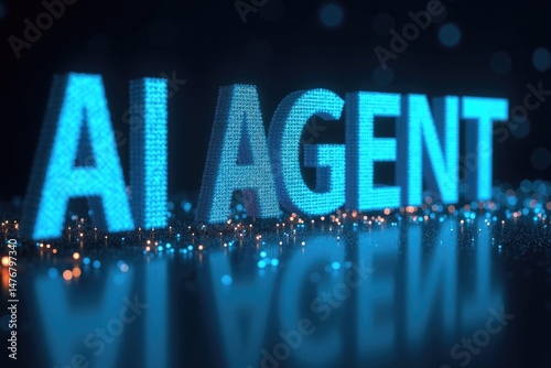 Obraz na płótnie Glowing AI AGENT Text in Digital Particles and Data Streams w salonie