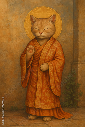 Ginger sacred cat dressed in orange robe with intricate floral patterns, standing with raised paw in blessing, golden halo and temple wall background, spiritual illustration