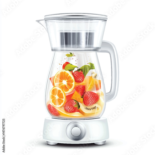 a blender with fruit  pieces around it