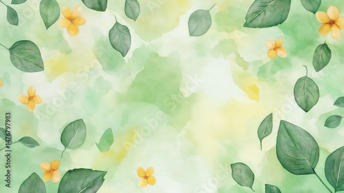 A vibrant watercolor composition with soft green leaves and bright yellow flowers scattered in an abstract pattern. 