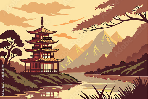 70 fantasy landscape, beautiful scenic view, pagoda on lake, mountains in background, dramatic sunset sky, reflections in water, atmospheric mood, intricate architecture, traditional japanese style, d