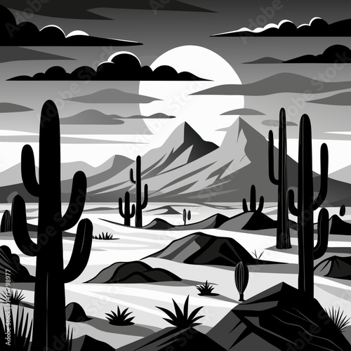 Desert landscape with palm trees under the mountain sunset sky