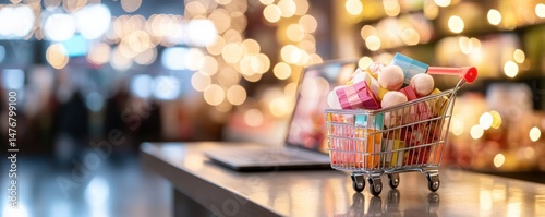 Miniature shopping cart filled with colorful treats on a laptop