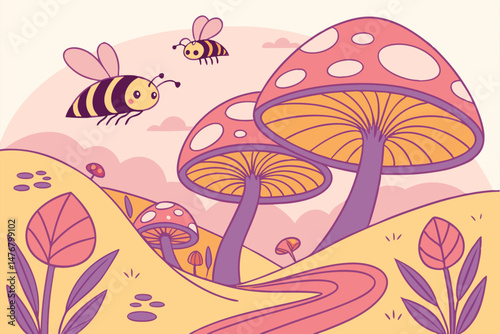 132 whimsical, vibrant, colorful, abstract, mushrooms, bees, geometric shapes, layered, textured, surreal landscape, digital art, vibrant colors, fantasy, dreamlike, imaginative