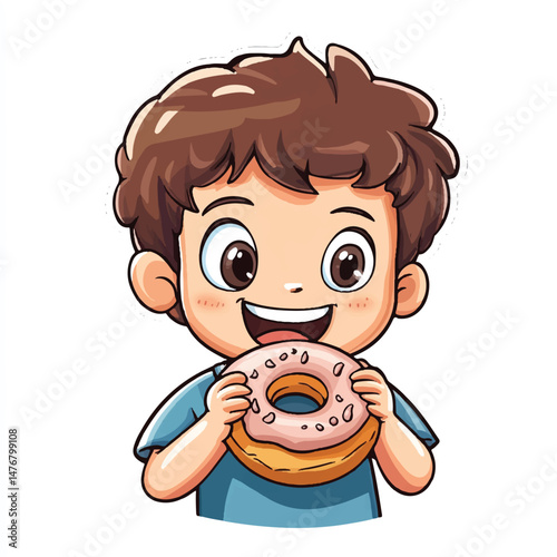 boy munching on a donut with frosting
