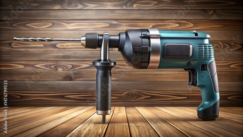 A teal power drill with a silver chuck and black auxiliary handle rests on a wooden floor against a wooden wall background