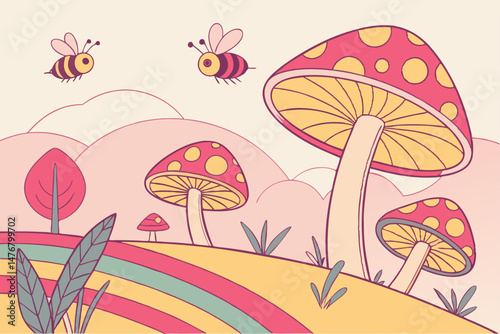 132 whimsical, vibrant, colorful, abstract, mushrooms, bees, geometric shapes, layered, textured, surreal landscape, digital art, vibrant colors, fantasy, dreamlike, imaginative