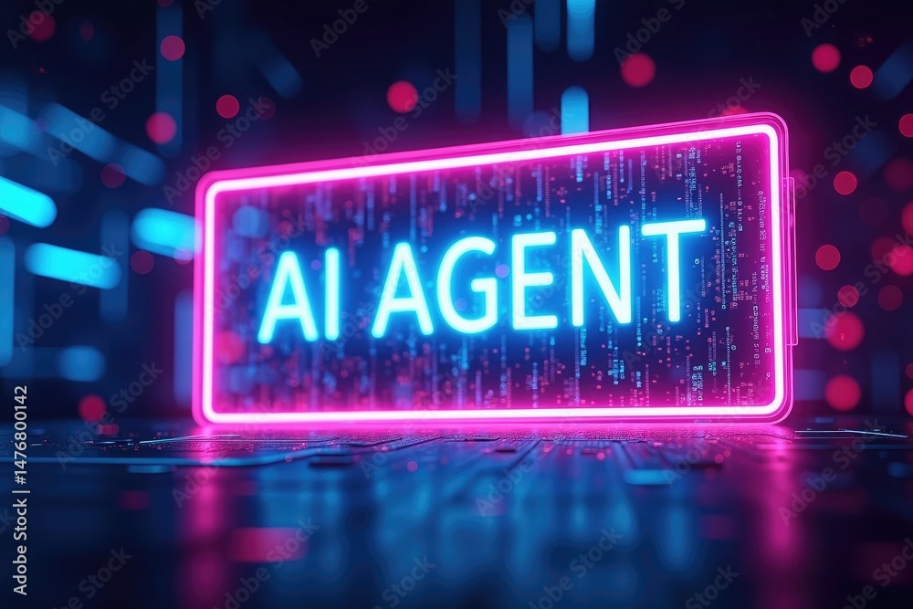 Neon AI AGENT Text Inside Holographic Frame and Data Streams