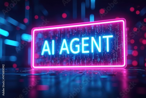 Obraz na płótnie Neon AI AGENT Text Inside Holographic Frame and Data Streams w salonie