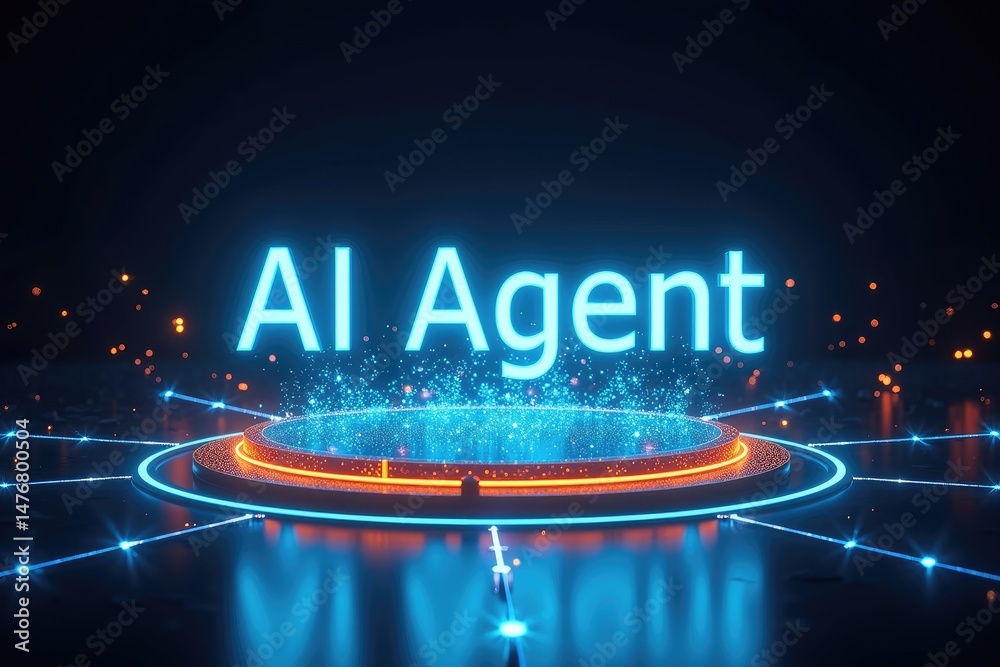 Floating Neon Blue AI Agent Text Above Glowing Platform