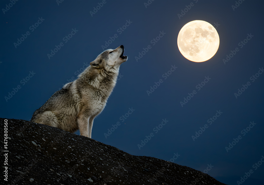Naklejka premium Wolf howling at full moon