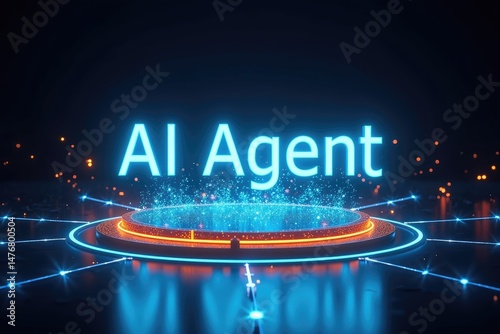 Obraz na płótnie Floating Neon Blue AI Agent Text Above Glowing Platform w salonie
