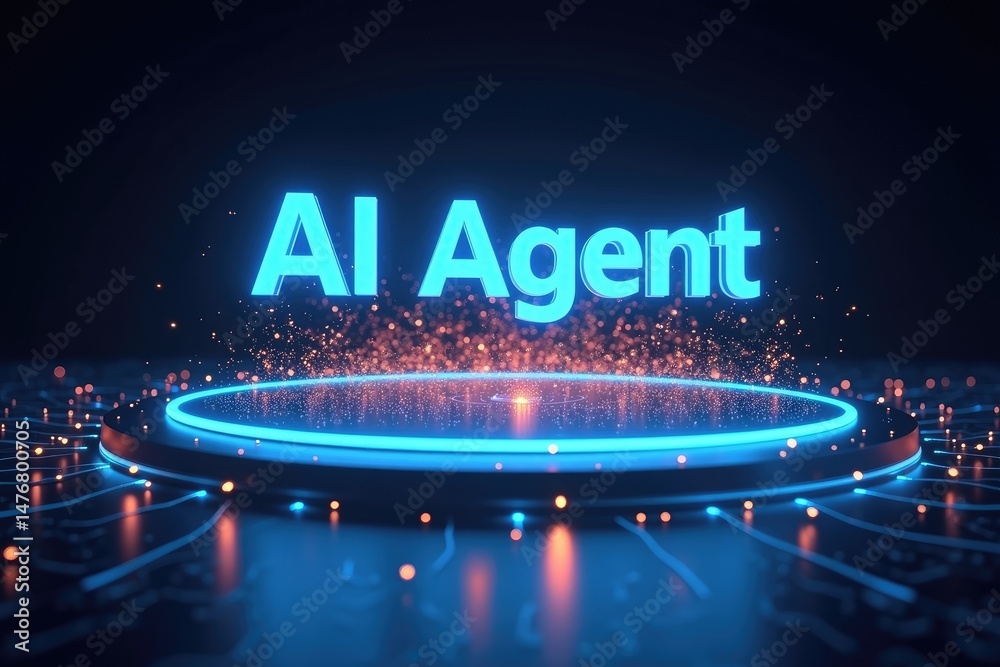 Neon Blue AI Agent Text and Glowing Platform with Particles
