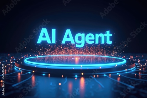 Obraz na płótnie Neon Blue AI Agent Text and Glowing Platform with Particles w salonie