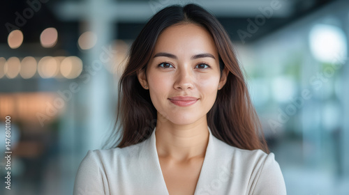 Free Download Confident businesswoman smiling modern office environment, showcasing professionalism and warmth - GFXLoad