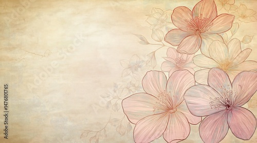 A  floral design with soft pink, peach, and beige tones, set against a textured parchment-like background. 