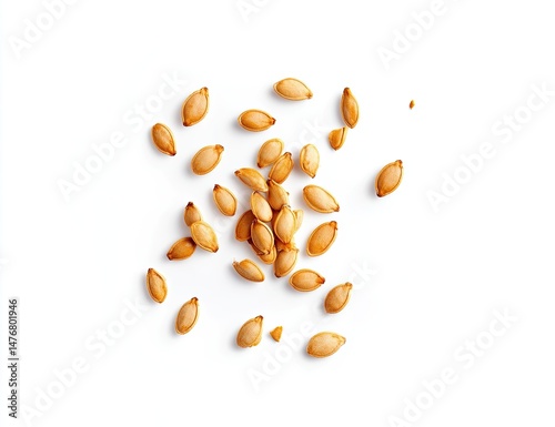 Scattered pumpkin seeds on a white background.  Small, light brown seeds are dispersed in a loose cluster.  Each seed is roughly oval-shaped with visible ridges and a slightly rough texture