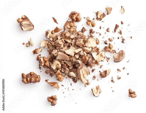 Crushed walnuts scattered on white background.  Pieces of shelled nuts in various sizes, with some whole nuts visible