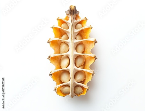 A lengthwise cut of a seed pod, revealing multiple, pale yellow seeds nestled within a segmented, ridged casing.  The pod's interior is a light beige