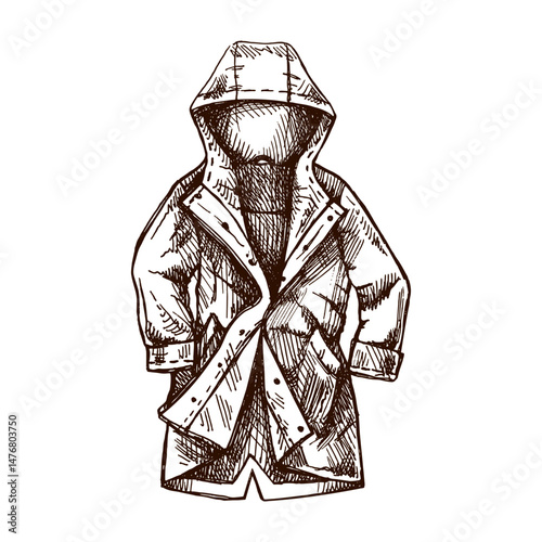 Hand drawn vintage sketch of hooded raincoat jacket, isolated vector illustration