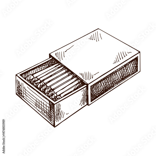 Hand drawn vintage sketch of matchbox and wooden matchsticks