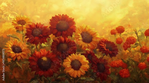 A warm autumn scene with sunflowers and marigolds in shades of deep red, orange, and golden yellow. 