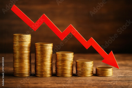 Stacks of gold coins decrease in height alongside a descending red arrow on a wooden surface, symbolizing financial decline or loss.
